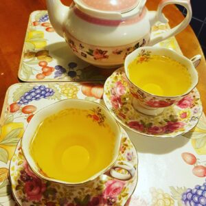 Cups of lemon myrtle tea in beautiful English china cups