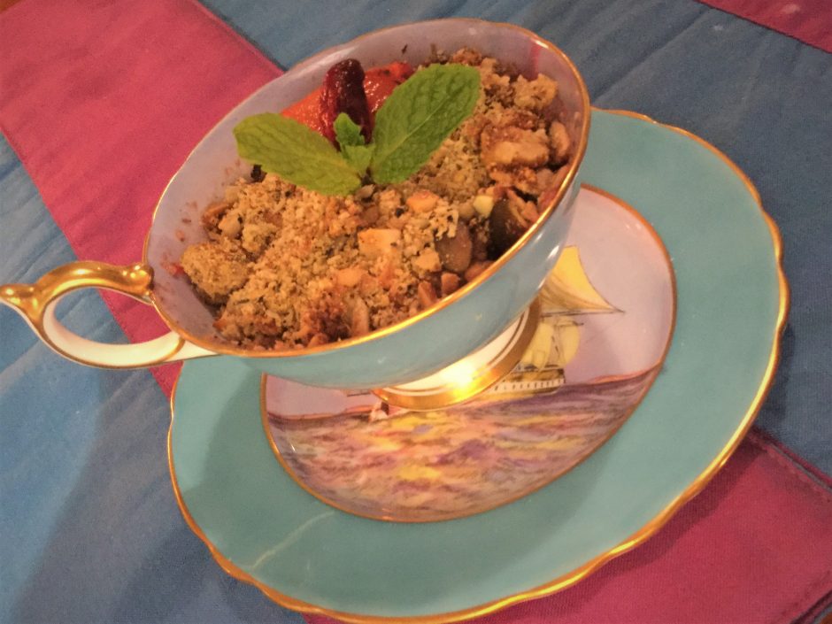 Cooking with Tea -Fruit crumble infused with Rooibos served in a beautiful tea cup